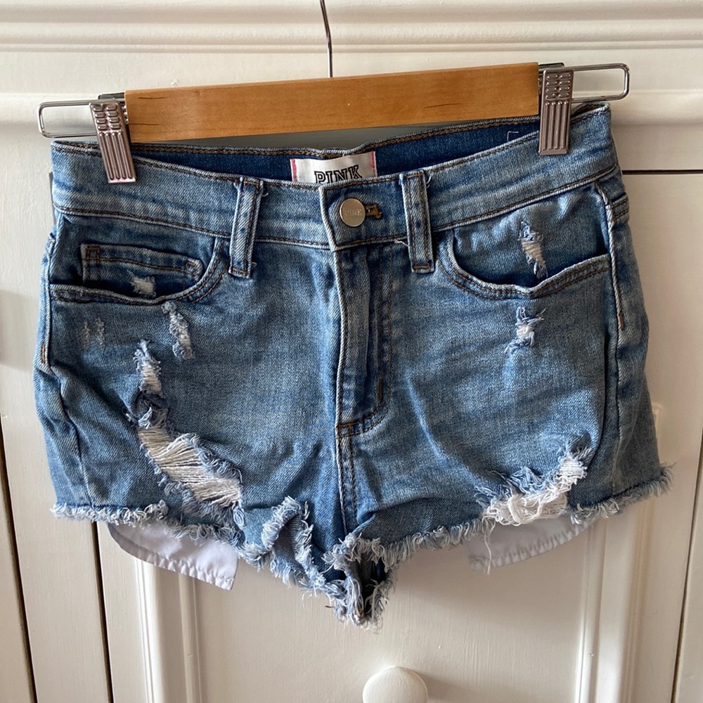 Victoria Secret Pink size 0 denim distressed high waisted shorts